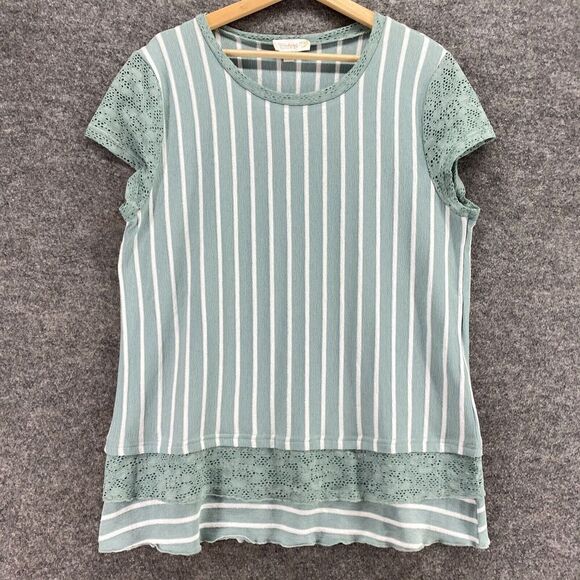 Weekend Blouse Women L Large Blue Striped Short Sleeve Round Neck Pullover - Picture 4 of 9